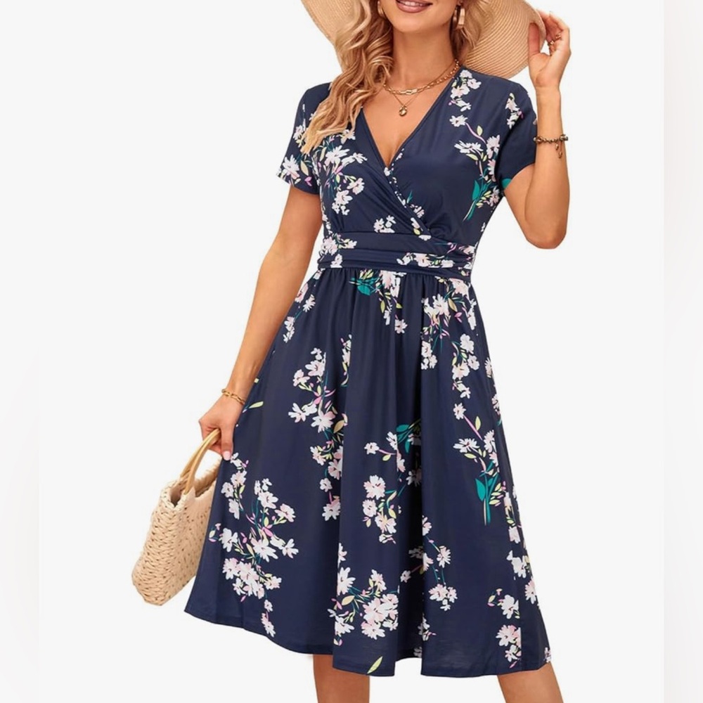 OUGES Women's Summer Short Sleeve V-Neck Floral Short Party Dress with Pockets